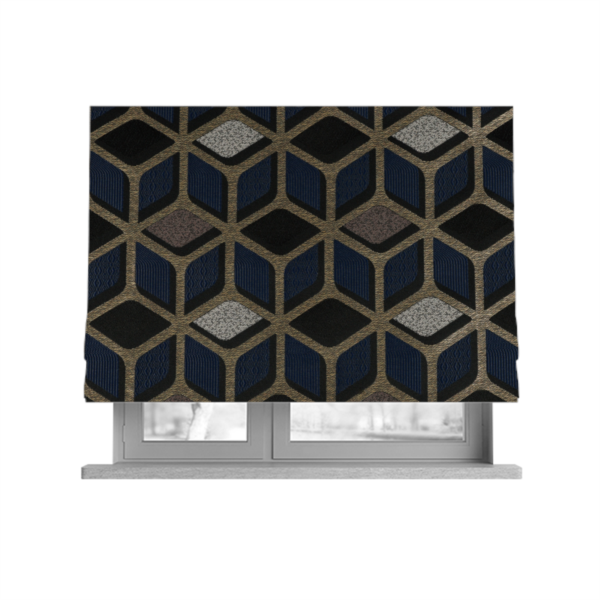 Oslo Geometric Pattern Blue Gold Black Toned Upholstery Fabric CTR-1258 - Roman Blinds