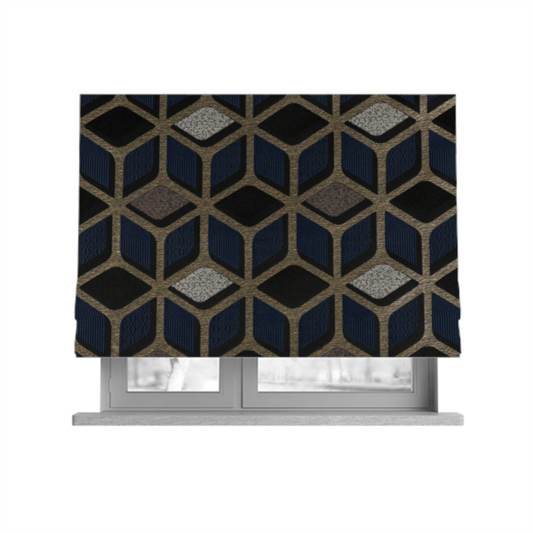 Oslo Geometric Pattern Blue Gold Black Toned Upholstery Fabric CTR-1258 - Roman Blinds