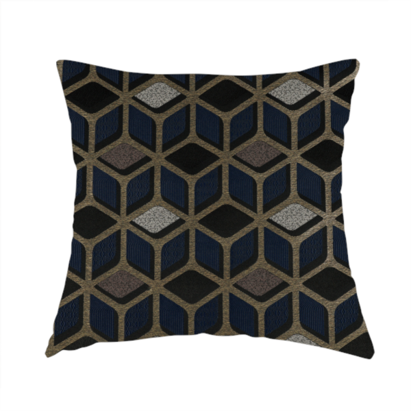 Oslo Geometric Pattern Blue Gold Black Toned Upholstery Fabric CTR-1258 - Handmade Cushions