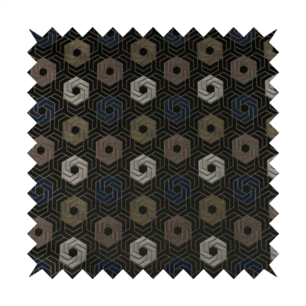 Oslo Geometric Pattern Blue Gold Black Toned Upholstery Fabric CTR-1259 - Handmade Cushions