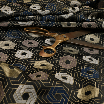 Oslo Geometric Pattern Blue Gold Black Toned Upholstery Fabric CTR-1259