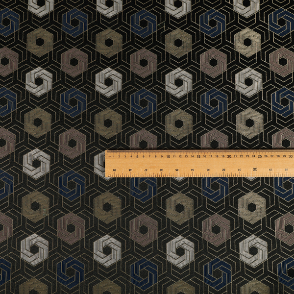 Oslo Geometric Pattern Blue Gold Black Toned Upholstery Fabric CTR-1259 - Made To Measure Curtains