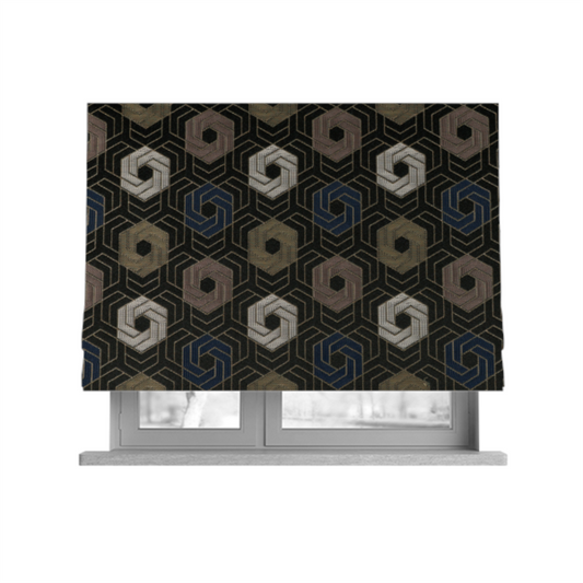 Oslo Geometric Pattern Blue Gold Black Toned Upholstery Fabric CTR-1259 - Roman Blinds