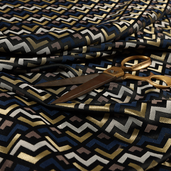 Oslo Geometric Pattern Blue Gold Black Toned Upholstery Fabric CTR-1260 - Made To Measure Curtains