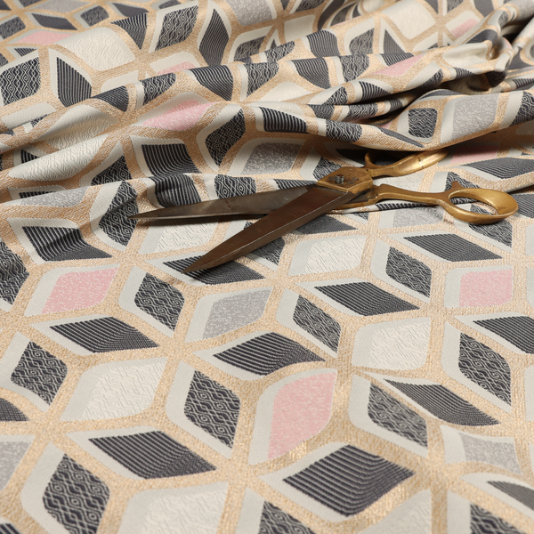 Oslo Geometric Pattern Grey Pink Gold Toned Upholstery Fabric CTR-1264 - Handmade Cushions