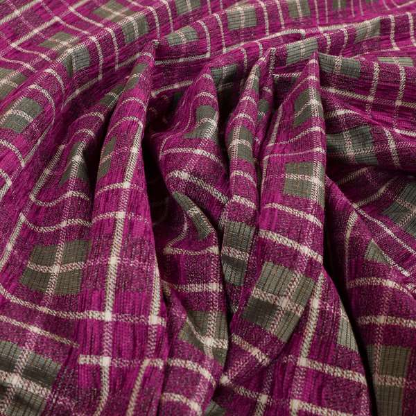 Ketu Collection Of Woven Chenille Checked Tartan Fuchsia Pink Colour Furnishing Fabrics CTR-128