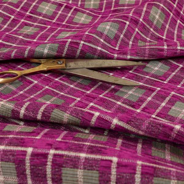 Ketu Collection Of Woven Chenille Checked Tartan Fuchsia Pink Colour Furnishing Fabrics CTR-128 - Made To Measure Curtains