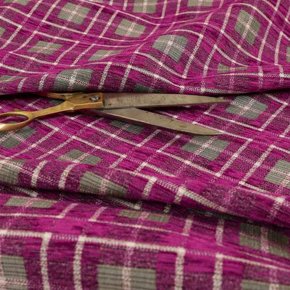 Ketu Collection Of Woven Chenille Checked Tartan Fuchsia Pink Colour Furnishing Fabrics CTR-128 - Made To Measure Curtains