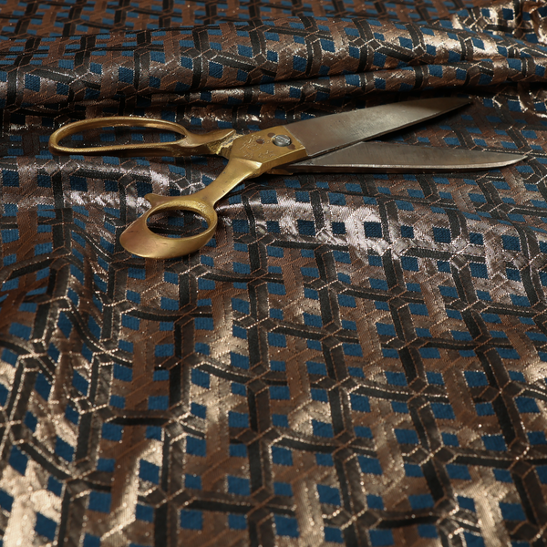 Ayon Geometric Pattern Blue Gold Coloured With Shine Furnishing Fabric CTR-1282 - Roman Blinds