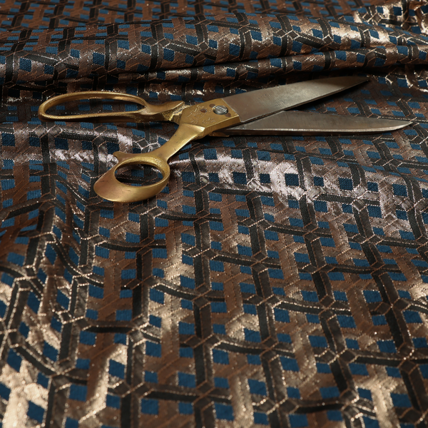 Ayon Geometric Pattern Blue Gold Coloured With Shine Furnishing Fabric CTR-1282