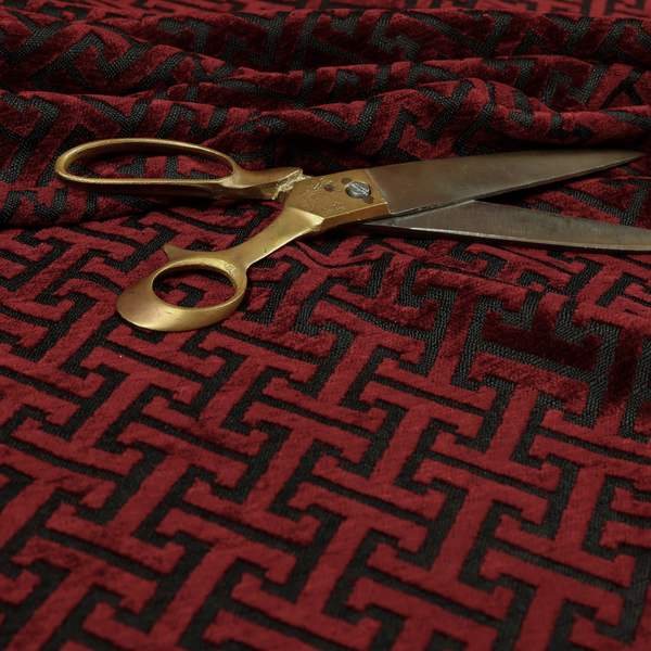 Napier Greek Key Geometric Pattern Red Chenille Upholstery Fabric CTR-1287 - Handmade Cushions