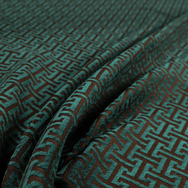 Napier Greek Key Geometric Pattern Teal Chenille Upholstery Fabric CTR-1289 - Roman Blinds