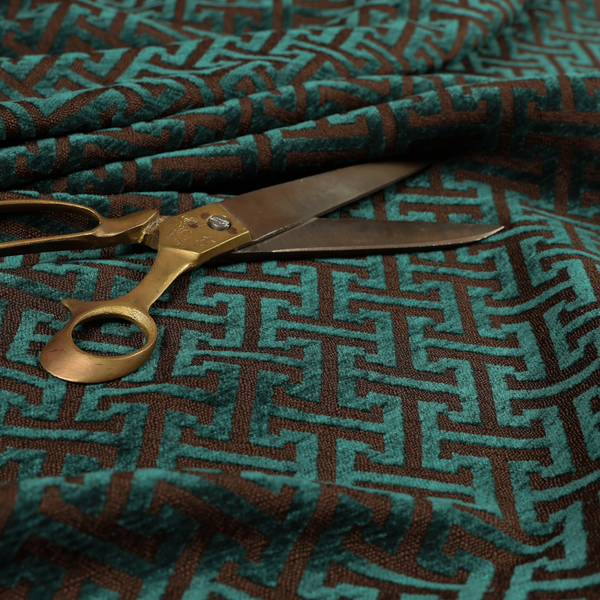 Napier Greek Key Geometric Pattern Teal Chenille Upholstery Fabric CTR-1289 - Roman Blinds