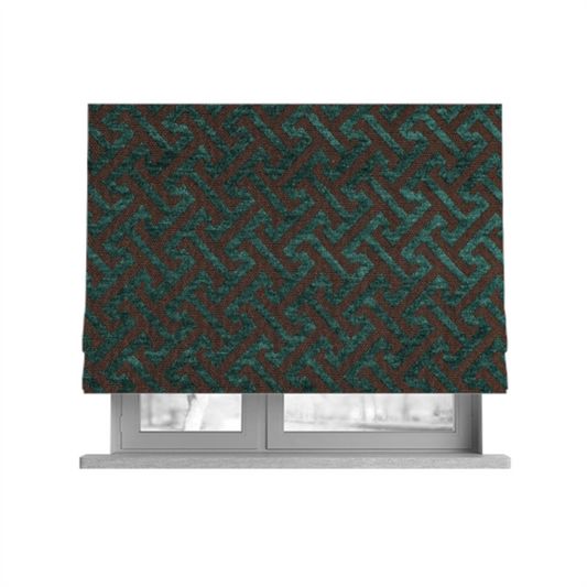 Napier Greek Key Geometric Pattern Teal Chenille Upholstery Fabric CTR-1289 - Roman Blinds