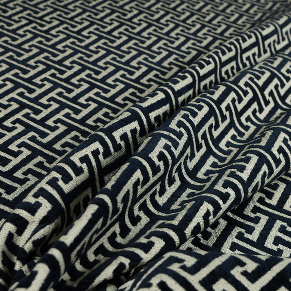 Napier Greek Key Geometric Pattern Navy Blue Chenille Upholstery Fabric CTR-1293 - Made To Measure Curtains