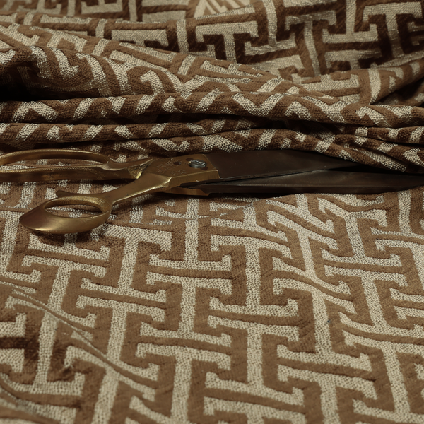 Napier Greek Key Geometric Pattern Brown Chenille Upholstery Fabric CTR-1295 - Roman Blinds