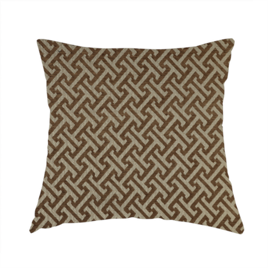 Napier Greek Key Geometric Pattern Brown Chenille Upholstery Fabric CTR-1295 - Handmade Cushions
