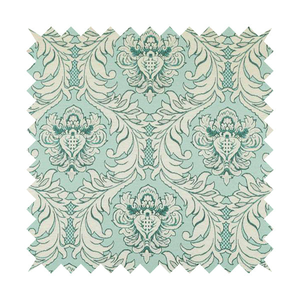 Sultan Collection Damask Pattern Silver Shine Effect Teal Blue Colour Upholstery Fabric CTR-133