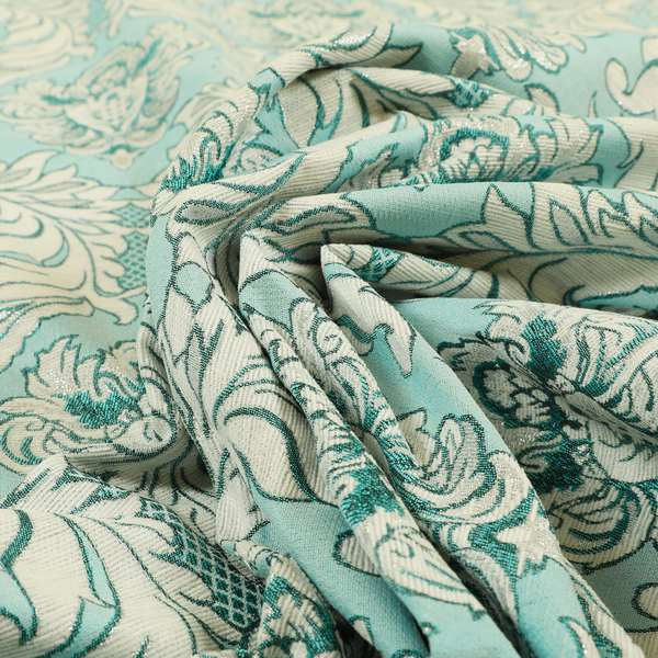 Sultan Collection Damask Pattern Silver Shine Effect Teal Blue Colour Upholstery Fabric CTR-133