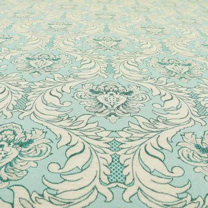 Sultan Collection Damask Pattern Silver Shine Effect Teal Blue Colour Upholstery Fabric CTR-133