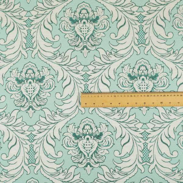 Sultan Collection Damask Pattern Silver Shine Effect Teal Blue Colour Upholstery Fabric CTR-133