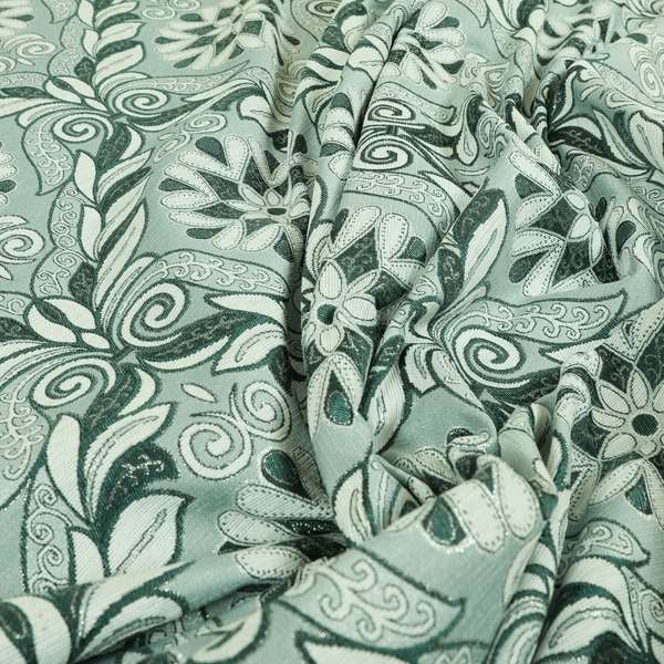 Sultan Collection Damask Floral Pattern Silver Shine Effect Teal Green Colour Upholstery Fabric CTR-140