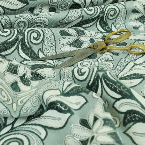 Sultan Collection Damask Floral Pattern Silver Shine Effect Teal Green Colour Upholstery Fabric CTR-140 - Roman Blinds