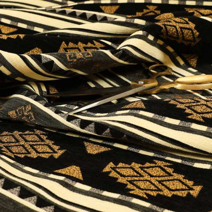 Anthropology Kilim Pattern Fabric In Grey Black Gold Colour Upholstery Furnishing Fabric CTR-146 - Roman Blinds