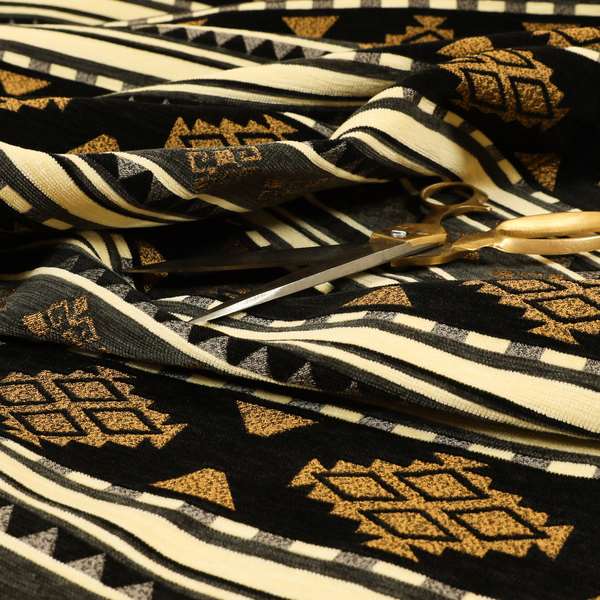 Anthropology Kilim Pattern Fabric In Grey Black Gold Colour Upholstery Furnishing Fabric CTR-146 - Made To Measure Curtains