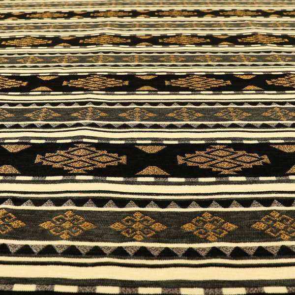 Anthropology Kilim Pattern Fabric In Grey Black Gold Colour Upholstery Furnishing Fabric CTR-146 - Roman Blinds