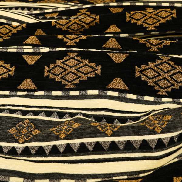 Anthropology Kilim Pattern Fabric In Grey Black Gold Colour Upholstery Furnishing Fabric CTR-146 - Roman Blinds