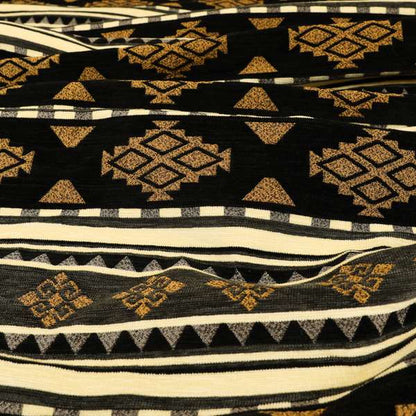 Anthropology Kilim Pattern Fabric In Grey Black Gold Colour Upholstery Furnishing Fabric CTR-146 - Made To Measure Curtains