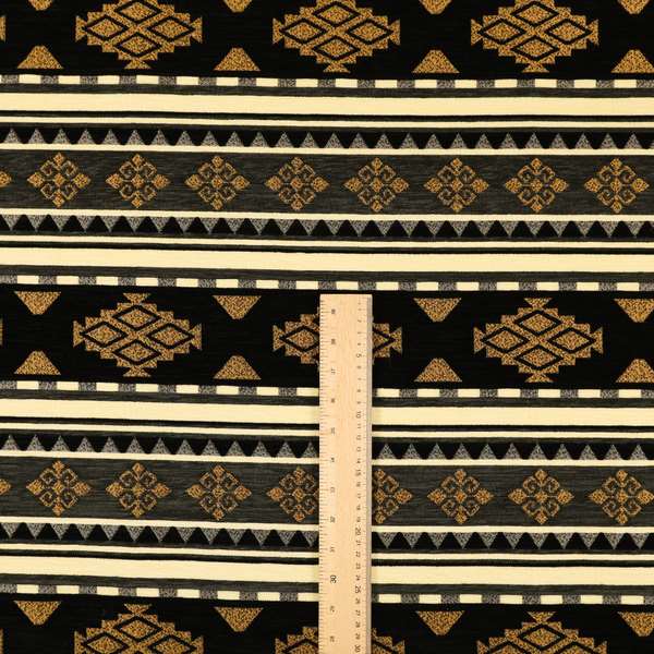 Anthropology Kilim Pattern Fabric In Grey Black Gold Colour Upholstery Furnishing Fabric CTR-146 - Roman Blinds