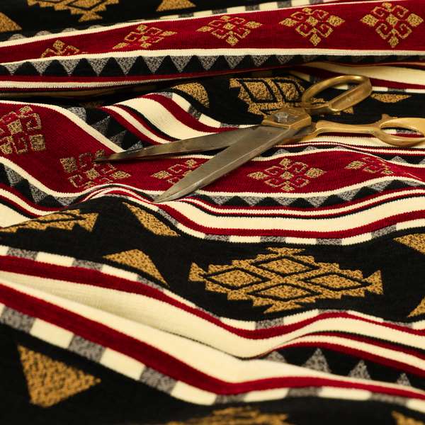Anthropology Kilim Pattern Fabric In Burgundy Black Gold Colour Upholstery Furnishing Fabric CTR-147