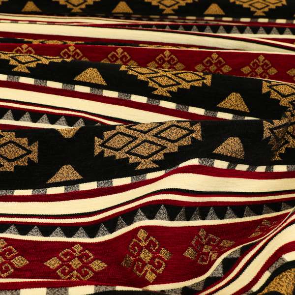 Anthropology Kilim Pattern Fabric In Burgundy Black Gold Colour Upholstery Furnishing Fabric CTR-147 - Made To Measure Curtains