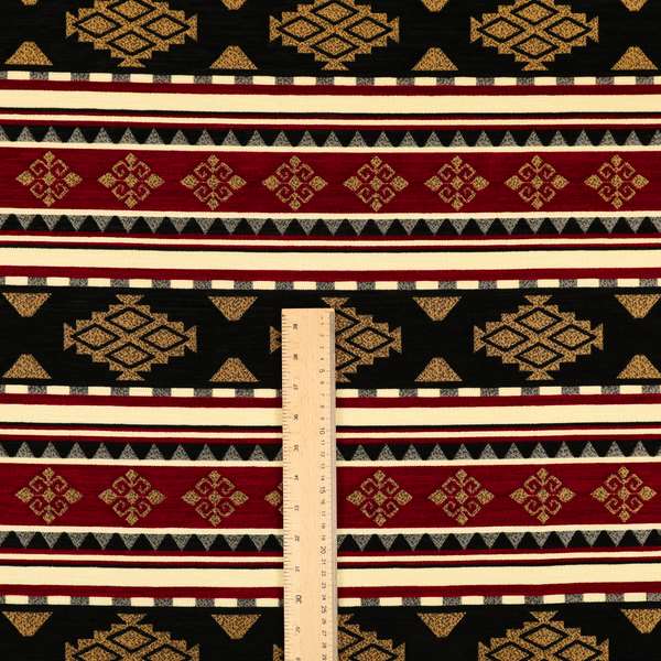 Anthropology Kilim Pattern Fabric In Burgundy Black Gold Colour Upholstery Furnishing Fabric CTR-147 - Made To Measure Curtains