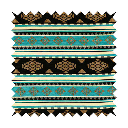 Anthropology Kilim Pattern Fabric In Teal Blue Black Gold Colour Upholstery Furnishing Fabric CTR-148 - Roman Blinds