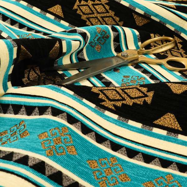 Anthropology Kilim Pattern Fabric In Teal Blue Black Gold Colour Upholstery Furnishing Fabric CTR-148 - Roman Blinds