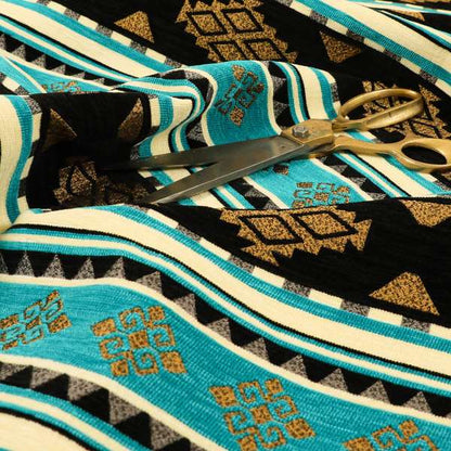 Anthropology Kilim Pattern Fabric In Teal Blue Black Gold Colour Upholstery Furnishing Fabric CTR-148 - Handmade Cushions