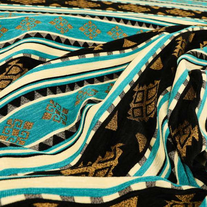 Anthropology Kilim Pattern Fabric In Teal Blue Black Gold Colour Upholstery Furnishing Fabric CTR-148 - Made To Measure Curtains