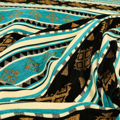 Anthropology Kilim Pattern Fabric In Teal Blue Black Gold Colour Upholstery Furnishing Fabric CTR-148