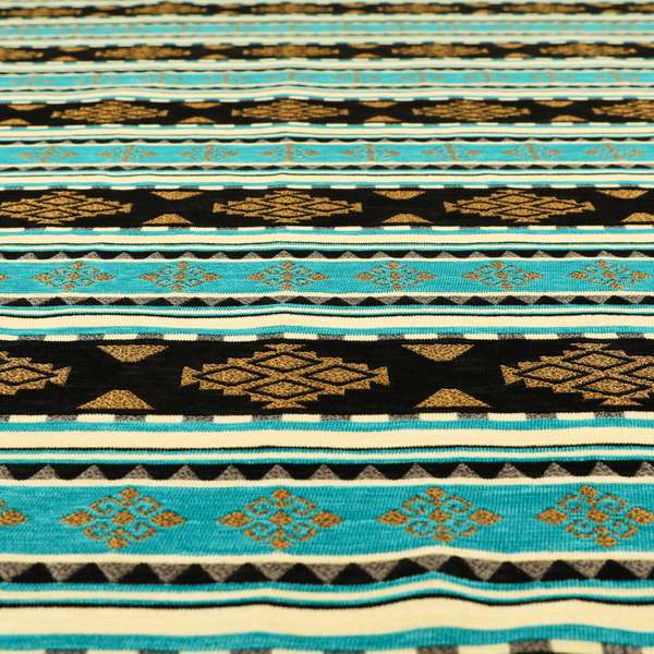 Anthropology Kilim Pattern Fabric In Teal Blue Black Gold Colour Upholstery Furnishing Fabric CTR-148 - Roman Blinds