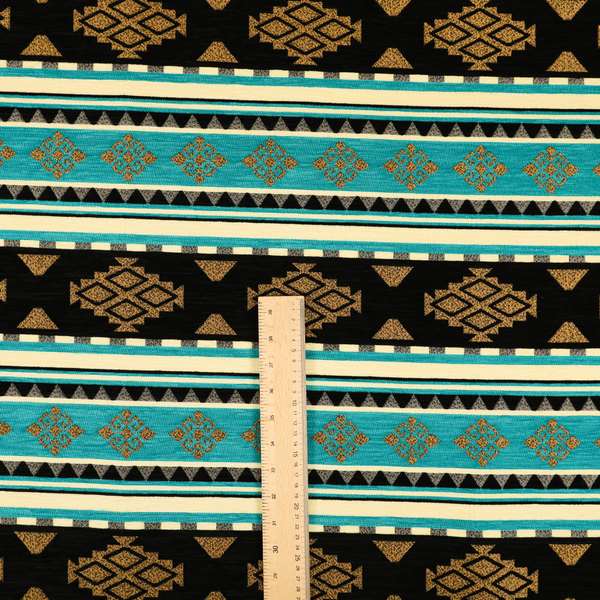 Anthropology Kilim Pattern Fabric In Teal Blue Black Gold Colour Upholstery Furnishing Fabric CTR-148 - Roman Blinds