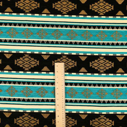 Anthropology Kilim Pattern Fabric In Teal Blue Black Gold Colour Upholstery Furnishing Fabric CTR-148