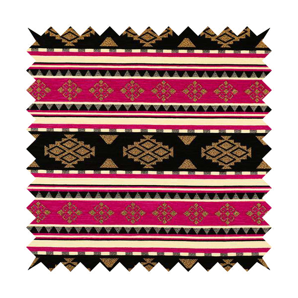 Anthropology Kilim Pattern Fabric In Pink Black Gold Colour Upholstery Furnishing Fabric CTR-149 - Made To Measure Curtains