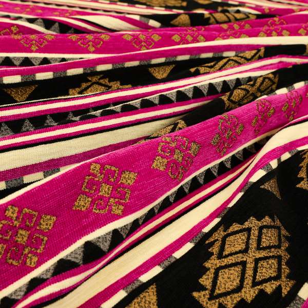 Anthropology Kilim Pattern Fabric In Pink Black Gold Colour Upholstery Furnishing Fabric CTR-149