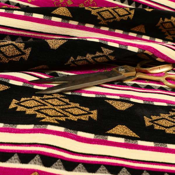 Anthropology Kilim Pattern Fabric In Pink Black Gold Colour Upholstery Furnishing Fabric CTR-149 - Made To Measure Curtains