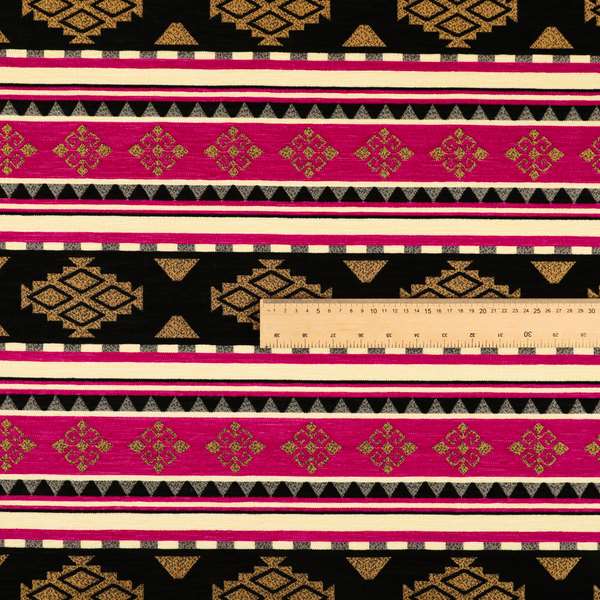 Anthropology Kilim Pattern Fabric In Pink Black Gold Colour Upholstery Furnishing Fabric CTR-149 - Roman Blinds