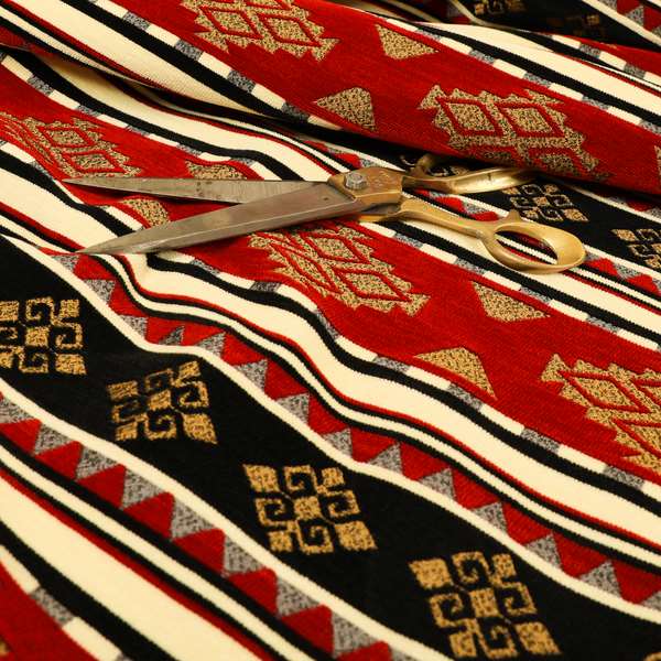 Anthropology Kilim Pattern Fabric In Red Black Gold Colour Upholstery Furnishing Fabric CTR-150 - Roman Blinds