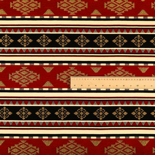 Anthropology Kilim Pattern Fabric In Red Black Gold Colour Upholstery Furnishing Fabric CTR-150 - Roman Blinds